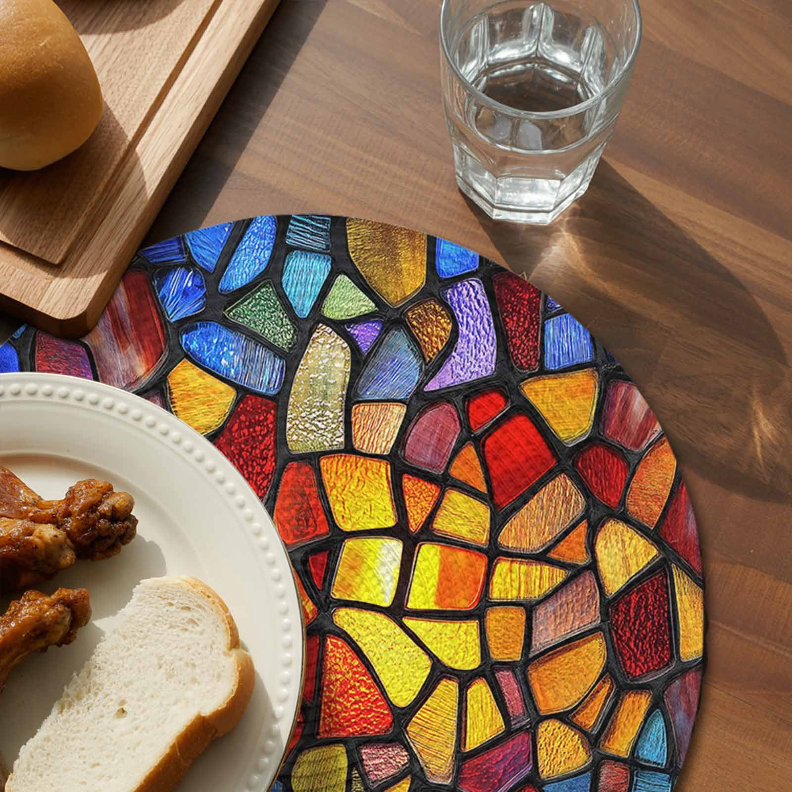 Blue Red Yellow Round 15 Inch Placemats Set of 8, Modern Colored Rainbow Stained Glass HeatResistant Non Slip Place Mats for Dining Table, Wipeable Braided Kitchen Table Mats for Housewarming
