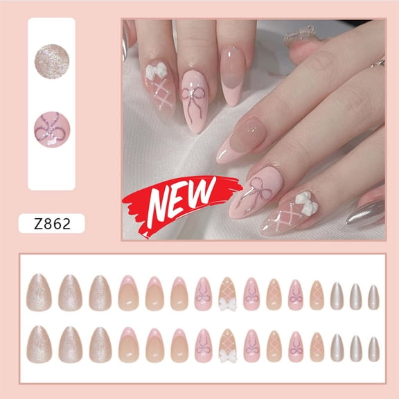 French Tip Press-On Nails, Almond,Multicolour, Medium Length, 24 Count