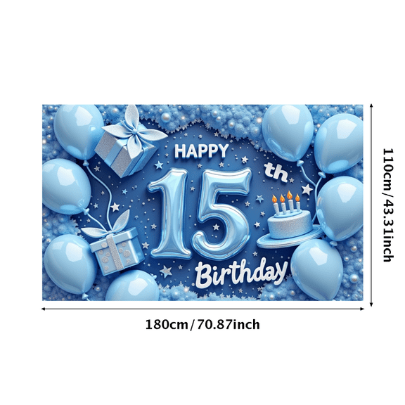 Blue Theme Happy 15th Birthday Banner Celebration Background for Teen Party Indoor Decoration Event