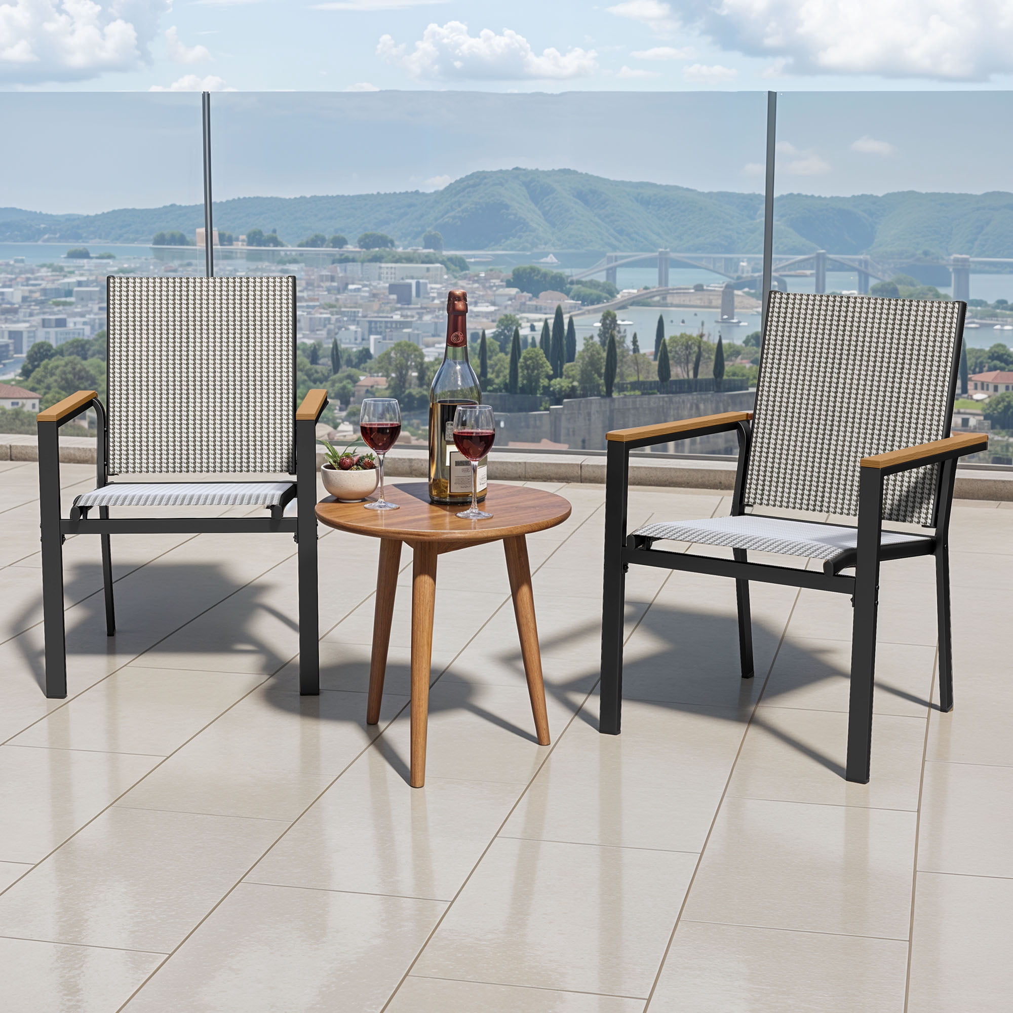 Uforic Stackable Chairs-2PCS Outdoor Dining Chair, Patio DiningChair, Textilene Mix Olefin Stacking Chair, Black & White