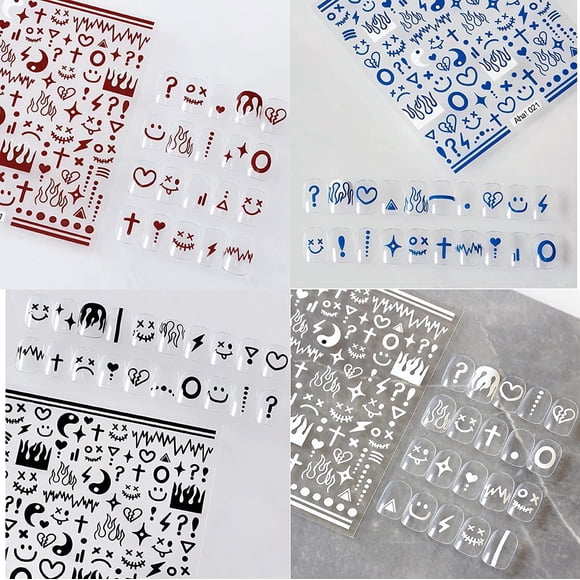 4 hojas de pegatinas para decoración de uñas con cara de sonrisa de llama azul Klein en estilo minimalista, pegatinas para decoración de uñas con líneas impresionistas, cara de sonrisa de estrella par