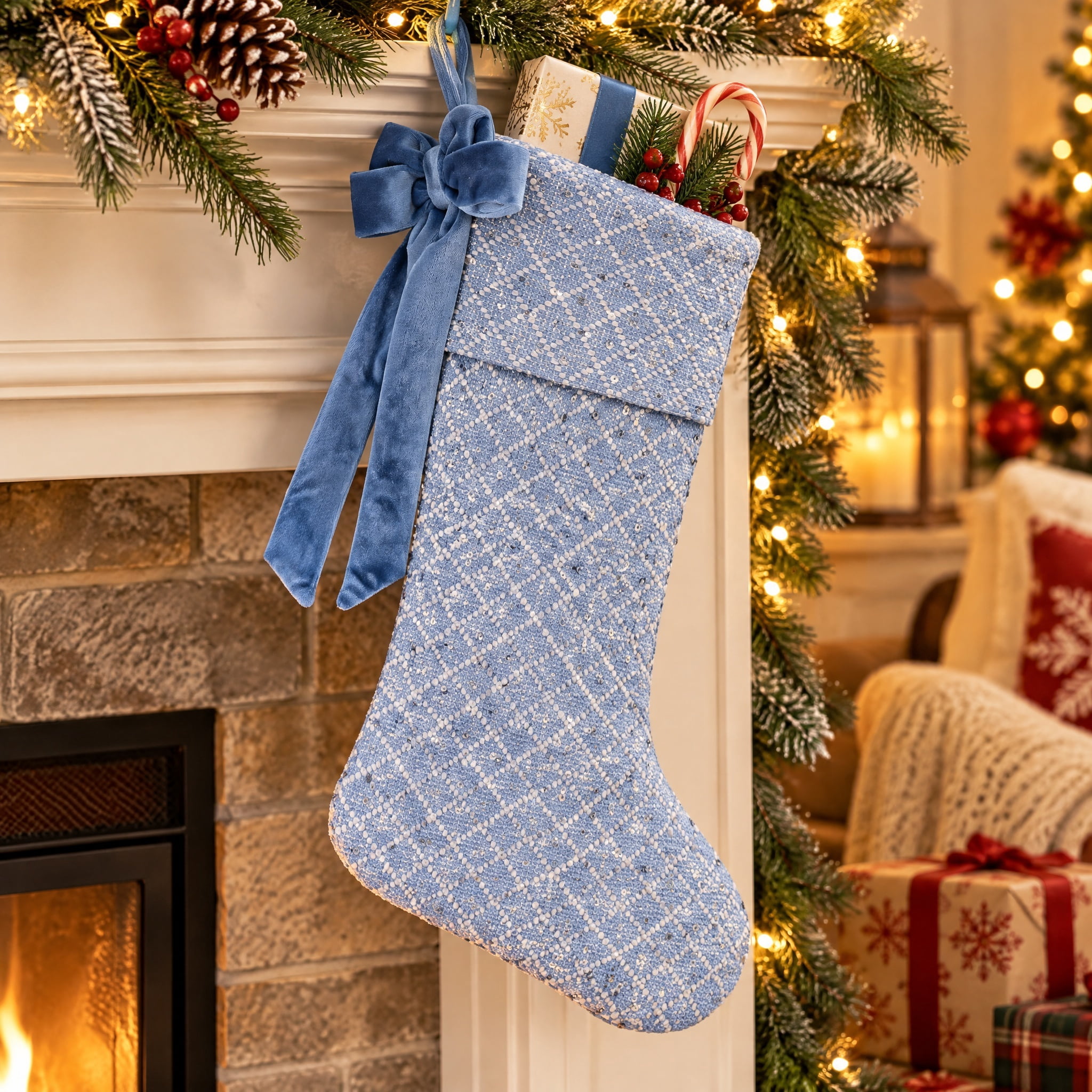 Sequin Christmas Stocking, Blue, 18", by Holiday Time