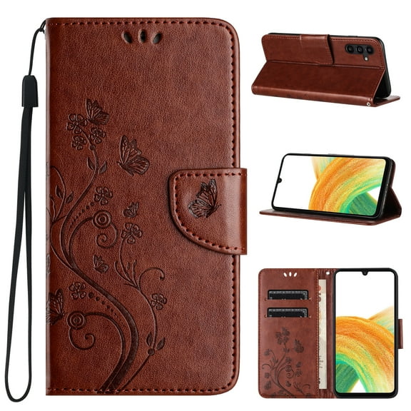 Feishell Slim Wallet Phone Case for Samsung Galaxy S24 FE ,Butterfly & Floral Embossed PU Leather Anti-Scratch Shockproof Magnetic Clasp Flip Kickstand Credit Card Slots Phone Cover,Brown