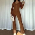 thumbnail image 5 of Szluipve Women Ribbed Knit 2 Piece Outfit Zip Up Hooded Long Sleeve Top High Waist Flare Pants Set Slim Fit Casual Matching Tracksuit, 5 of 6