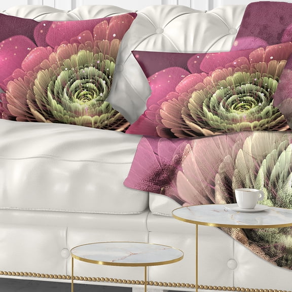 Designart Fractal Flower Pink and Green - Floral Throw Pillow - 12x20