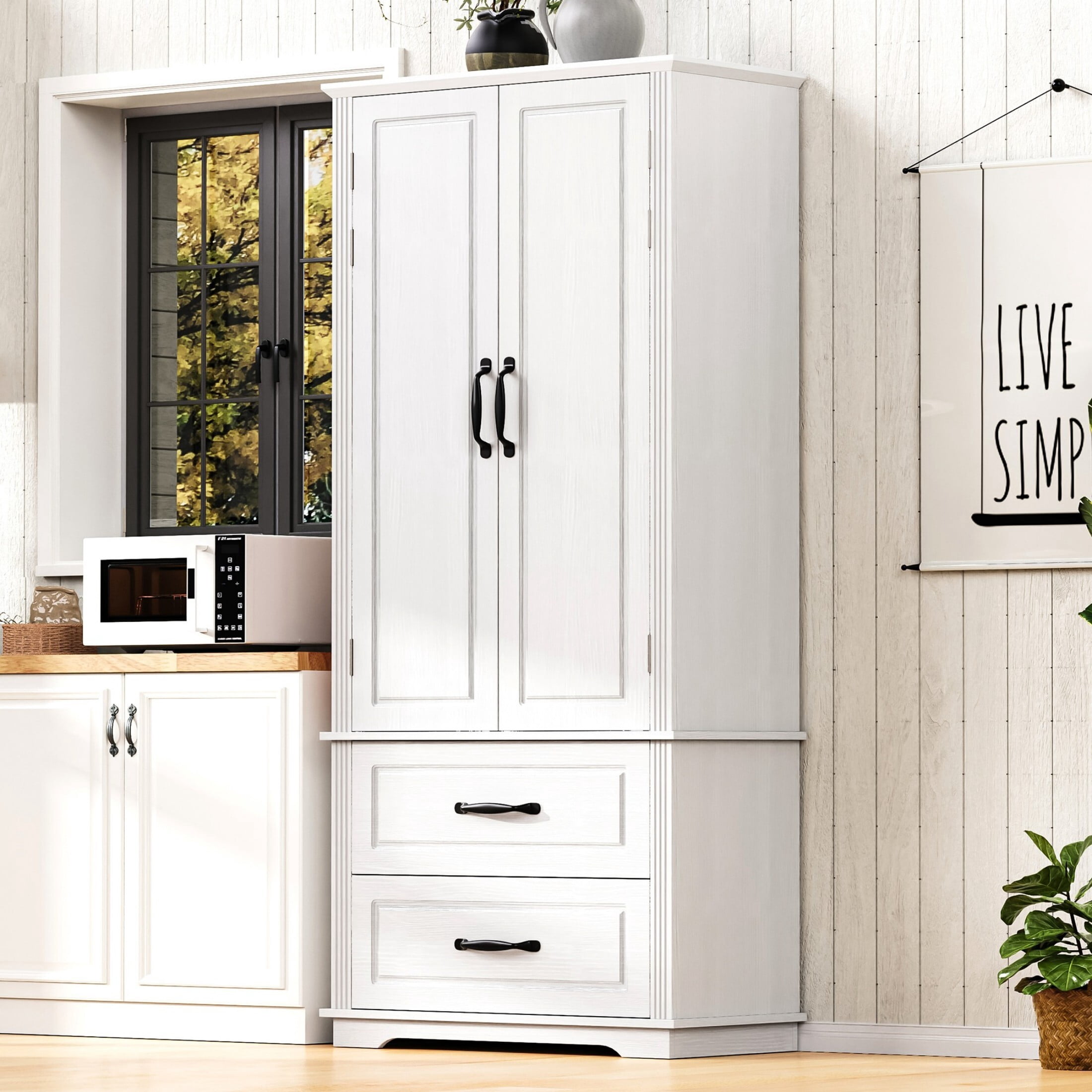 AENKYO 71-inch Farmhouse Kitchen Pantry Cabinet with Adjustable Shelves & Spacious Storage, White Oak