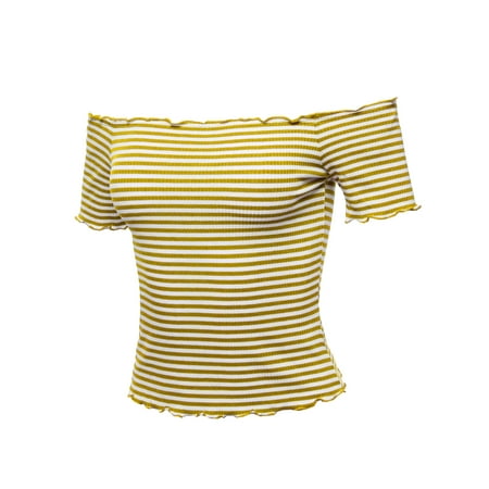 Lettuce Edge Ribbed Shirt - FashionOutfit Women's Casual Stripes Lettuce Hem Ribbed Off-Shoulder Crop Top