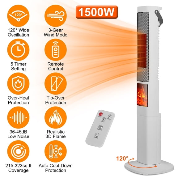 1500W Oscillating Ceramic Tower Space Heater with 3D Flame Portable Electric Heater with 3 Wind Modes Remote Control 5 Timer Overheat Tip-Over Protection for Bedroom Office