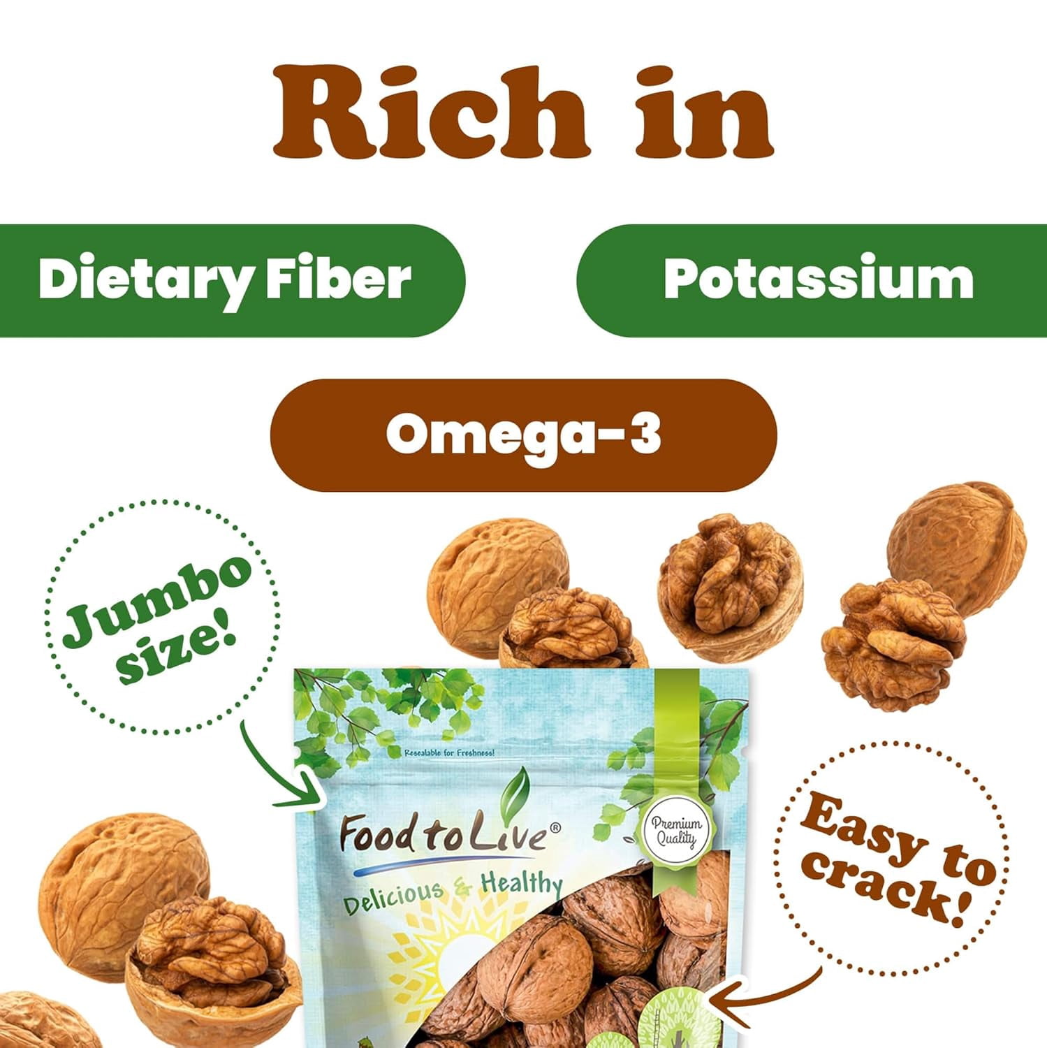 Food to Live Jumbo Walnuts in Shell, 4 Pounds – California Chandler Variety. Fresh, Raw, Kosher, Bulk