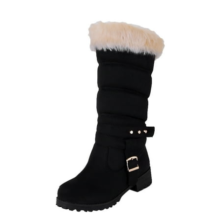 TAIAOJING Women s Boots Snow Suede Boots Fashion Belt Heel Buckle Boots Warm Mid- Thick boots Casual Shoes