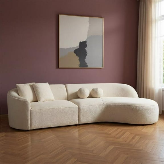 HomeRoots 643970 Ivory Boucle Modular Curved 2 Piece Sofa & Chaise Sectional with Toss Pillows