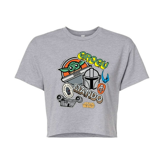 Star Wars - The Mandalorian Mando Grogu Stickers  - Juniors Cropped Short Sleeve Graphic T-Shirt