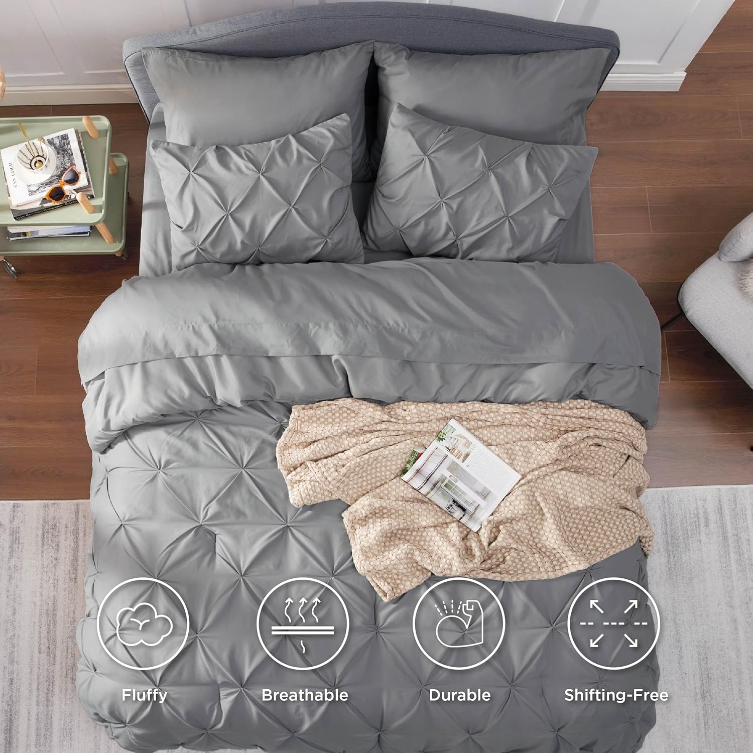 U by Bedsure Queen Comforter Set - 7 Pieces Grey Comforters , Pintuck Bedding Sets for All Season, Bed in a Bag with Flat Sheet and Fitted Sheet, Pillowcases & Shams