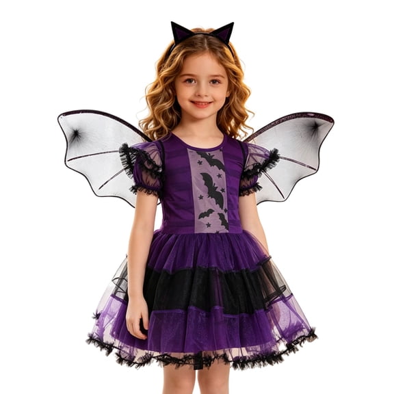 XXWXYD Purple Black Bat Dress-Up Outfit Set for Girls, Tulle Dress with Sheer Bat Wings and Bat Ear Headband Halloween Stage Party, Soft Cozy Warm Fleece Plush Jumpsuit