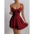 thumbnail image 4 of Women'S Tie Back Spaghetti Strap Mini Dress Tiered Ruffle Fit and Flared A Line Cute Short Party Dress Wine Red L, 4 of 9