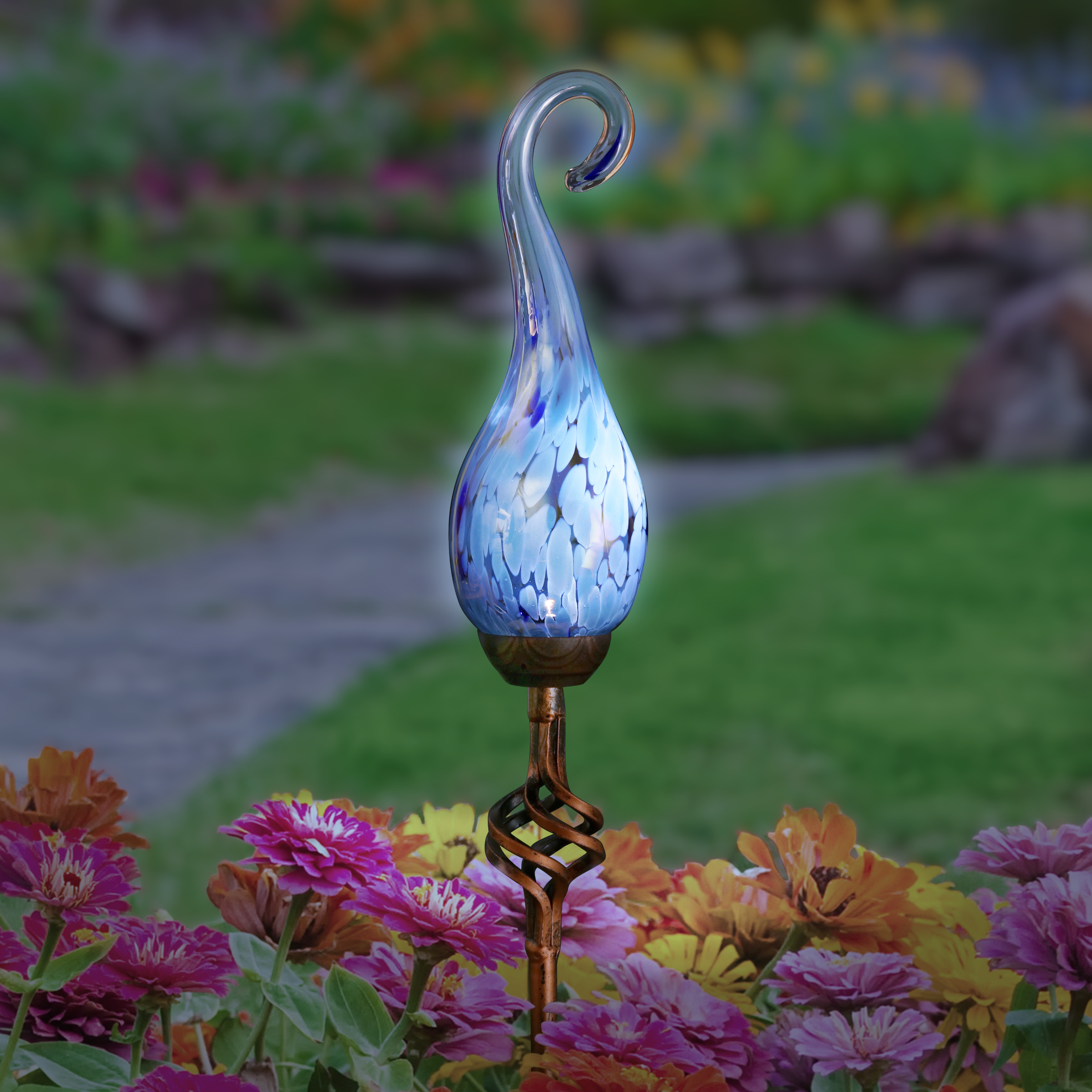 Exhart Light Blue Glass Spiral Flame  Solar Powered Garden Stake, 36 inch (Decor for Home Patio, Outdoor Garden, Yard or Lawn), Metal, Teal - image 3 of 7