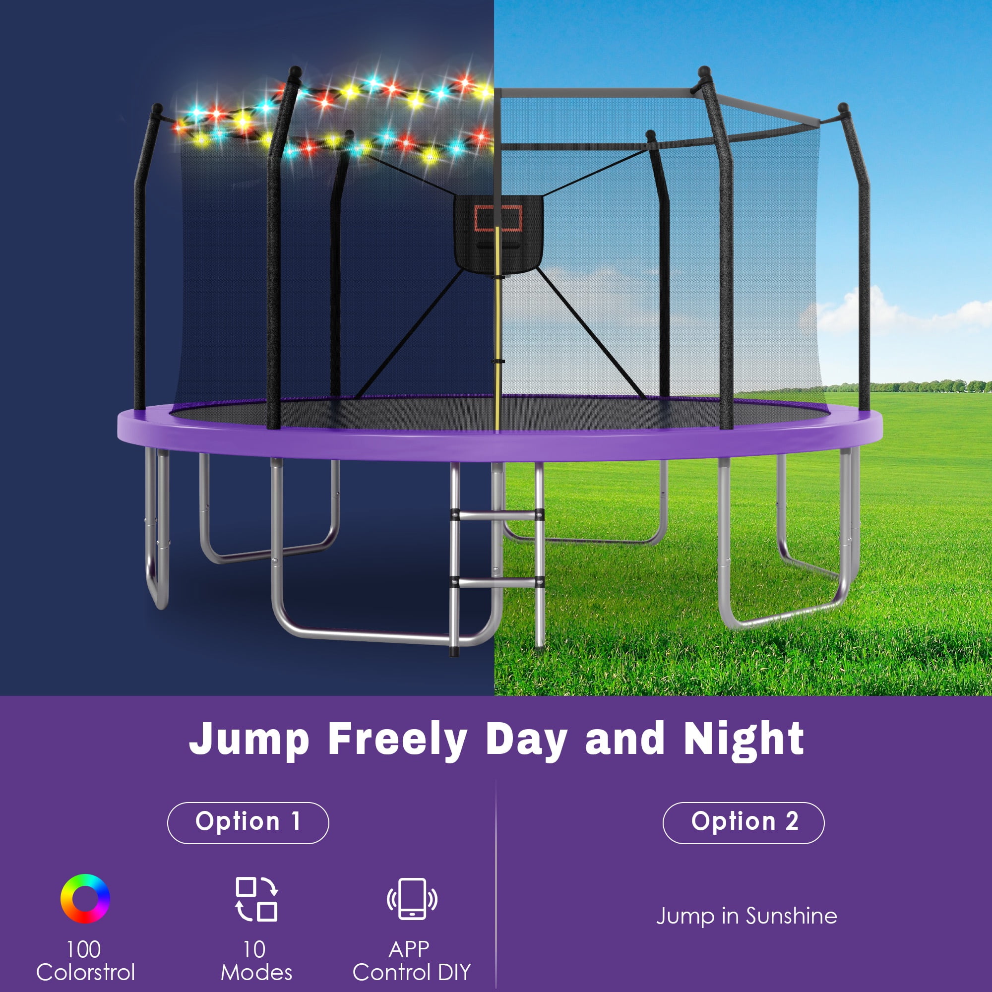 14FT Outdoor Recreational Trampoine for Kids and Adults, SHINPT Large Trampoline with Lights and Basketball Hoop, Heavy Duty Trampoline with 1500lbs Capacity, 14FT Big Trampoline for Backyard, Lawn