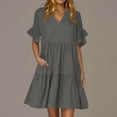 thumbnail image 2 of Dezsed Women's V Neck Cute Shift Dress with Pockets Bell Sleeve Ruffle Hem Loose A Line Summer Tunic Mini Dress Gray M, 2 of 7
