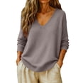 thumbnail image 2 of Basic Sweaters Women Fall Long Sleeve V Neck Tops Casual Lightweight Knit Warm Pullover Sweater Light Brown M, 2 of 8