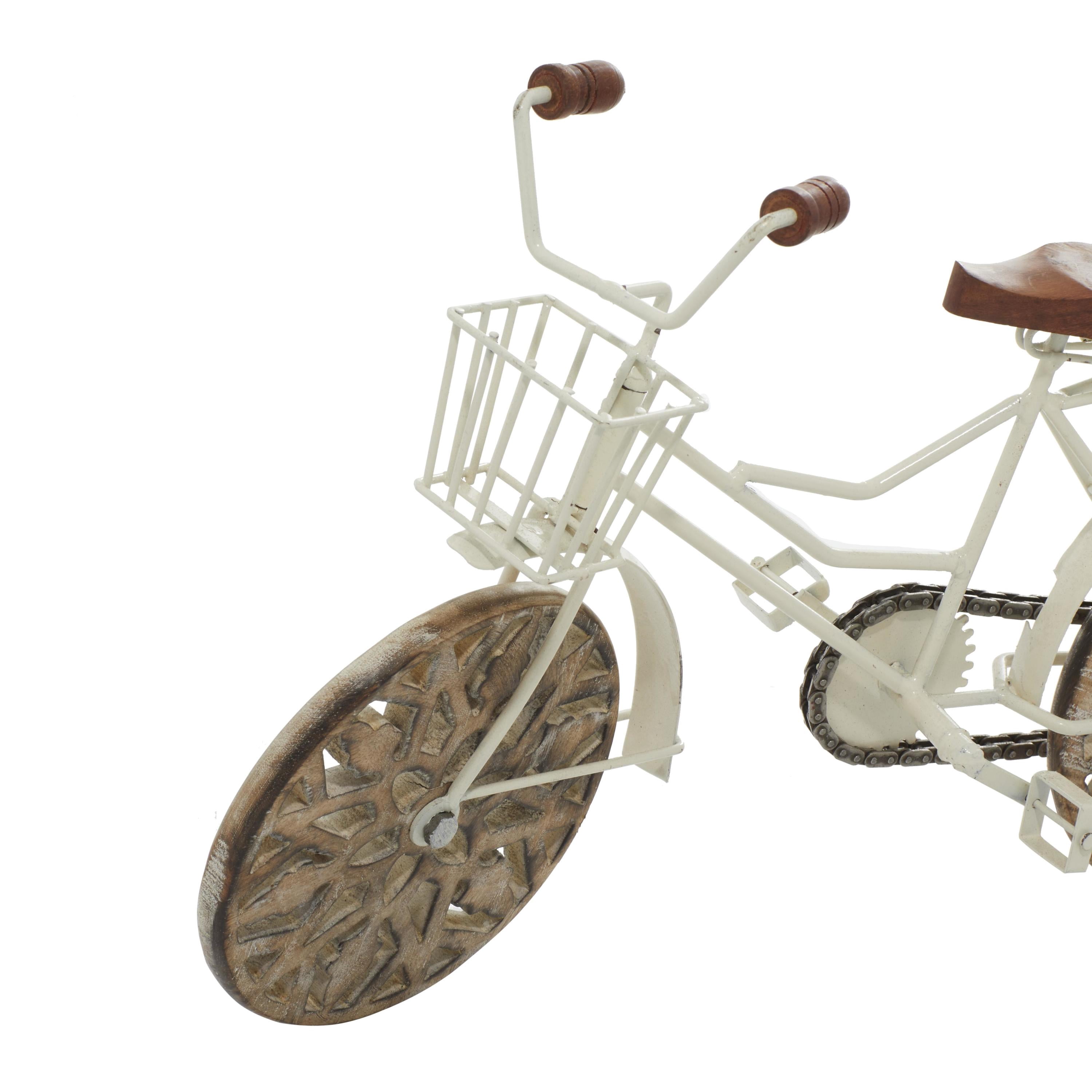 19" x 12" White Metal Bike Sculpture with Carved Wood Wheels, by DecMode