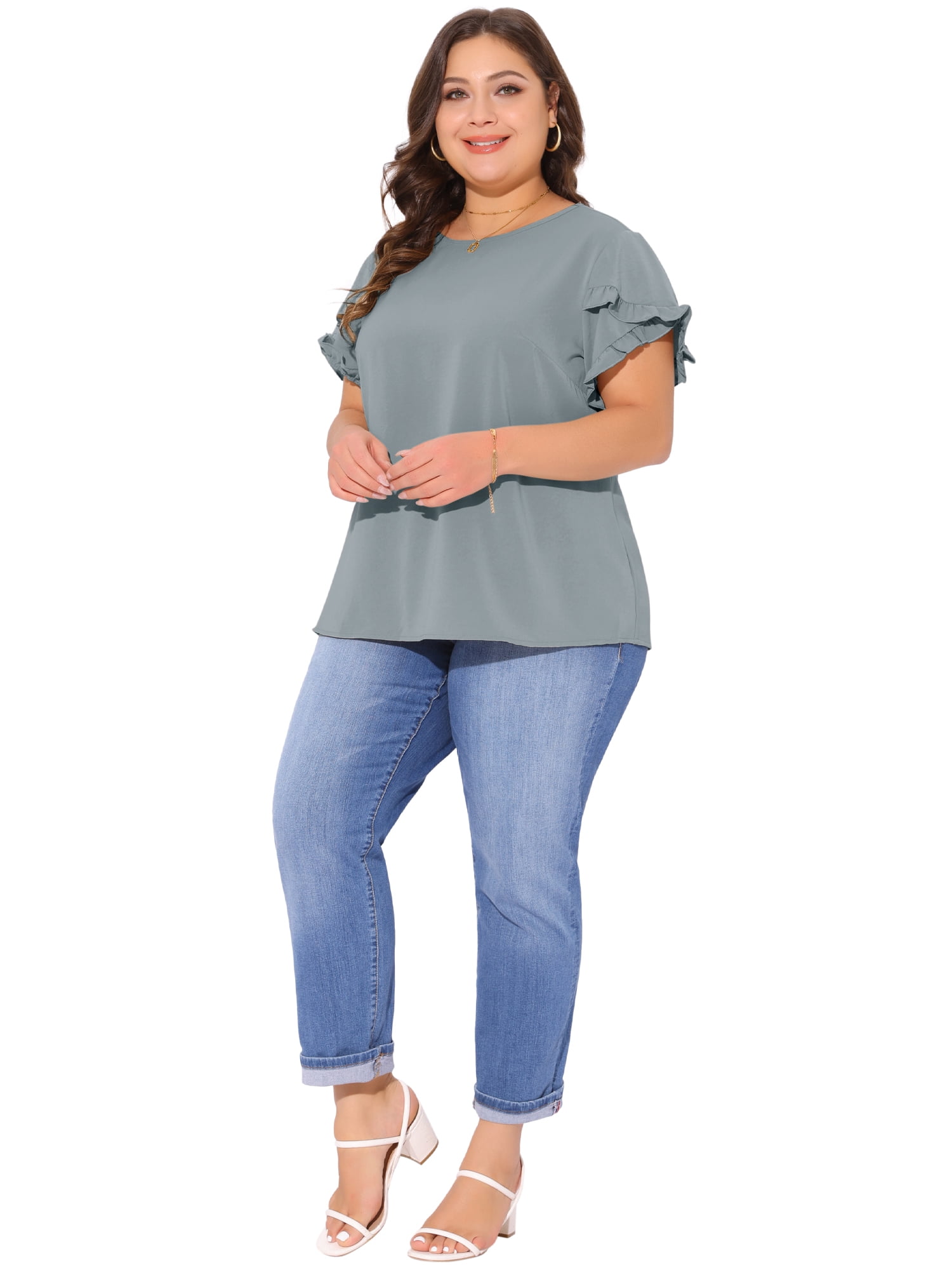 DARING DIVA Women's Plus Crew Neck Ruffle Blouse 4X Gray Blue