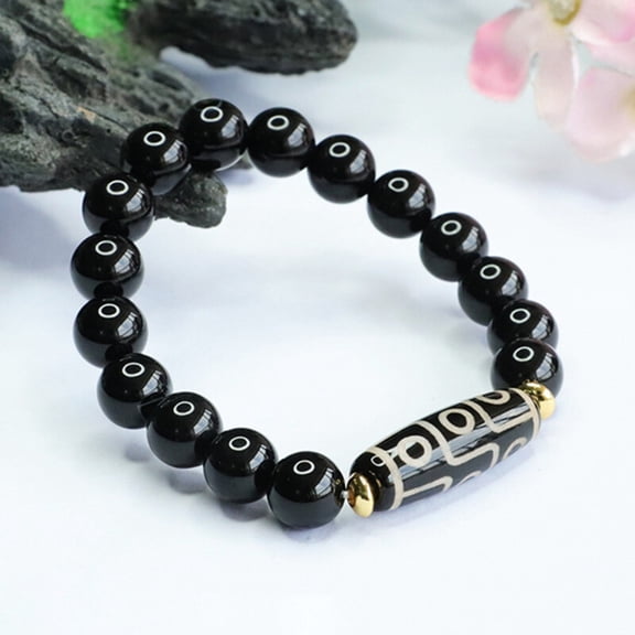 Nine Eye Dzi Bead Bracelet Black Crystal Strand Tibetan Style Mala Amulet Protection Jewelry for Men Women Meditation
