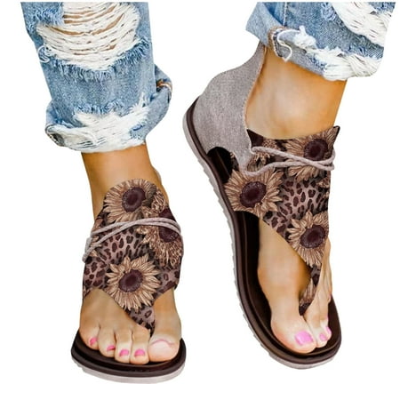 LoyisViDion Womens Sandals Clearance Women Summer Clip-Toe Sunflower Shoes Zipper Comfy Flats Casual Beach Sandals Brown 7(39)