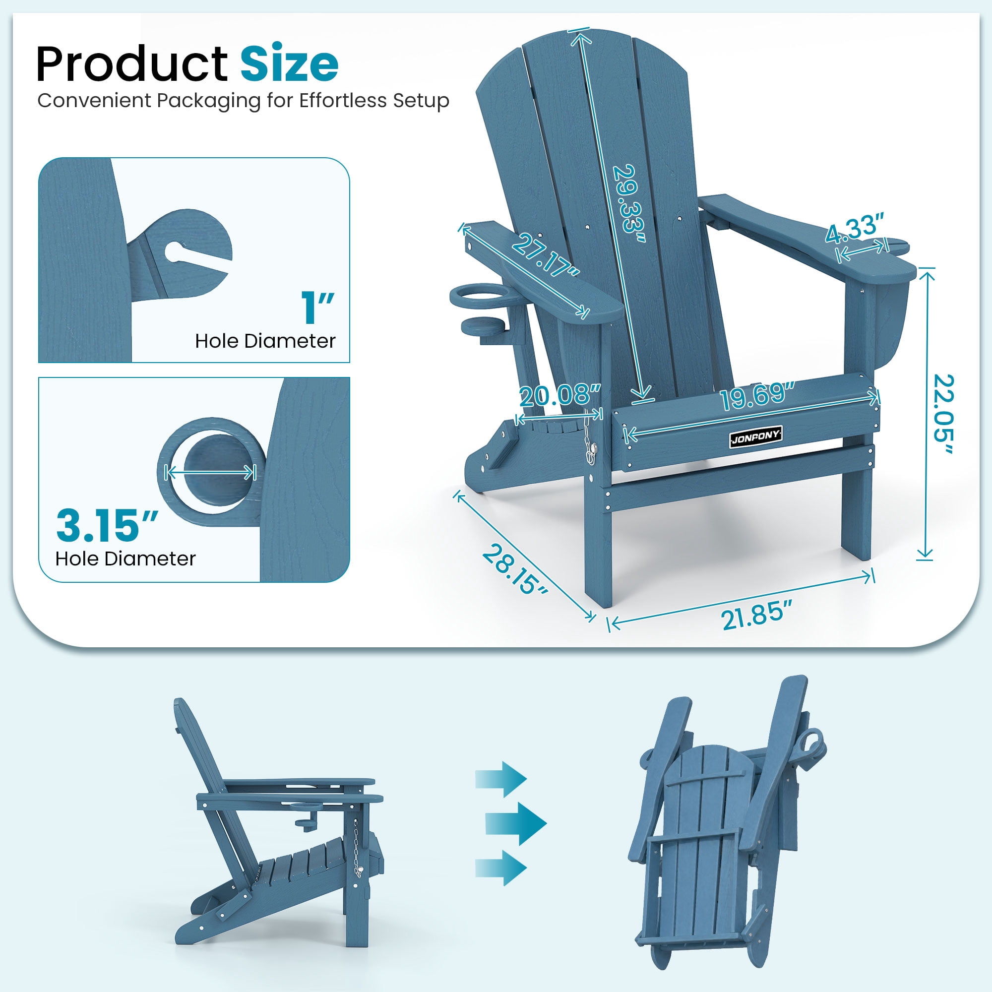 JONPONY Folding Adirondack Chair - HDPE All-Weather Outdoor Chairs, Patio Chairs Outdoor Wood Like Adirondack Chair for Backyard, Camping, Pool & Fire Pit,Blue