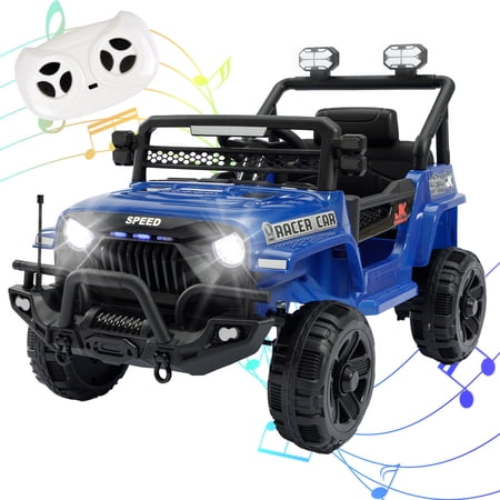 Okybaby 12V Kids Ride On Truck Car with Remote Control&Four-wheel Suspension, Toddler Electric Ride on Toys with Dual Motor,LED Light/USB/Bluetooth/Bonus Stickers for Kids 2+,Blue