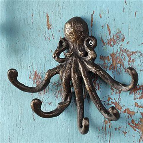 Clothes Cast Iron Octopus Nautical Decor Wall Hook Key Hat Holder 7" Black 