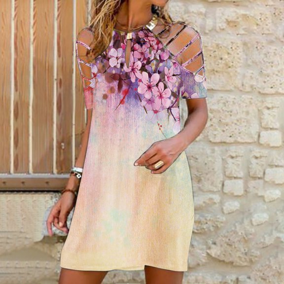 Lilgiuy Women Comfortable Fashion Short Sleeve Printed Off Shoulder Metal Halter Dress High Waist Maxi Dress