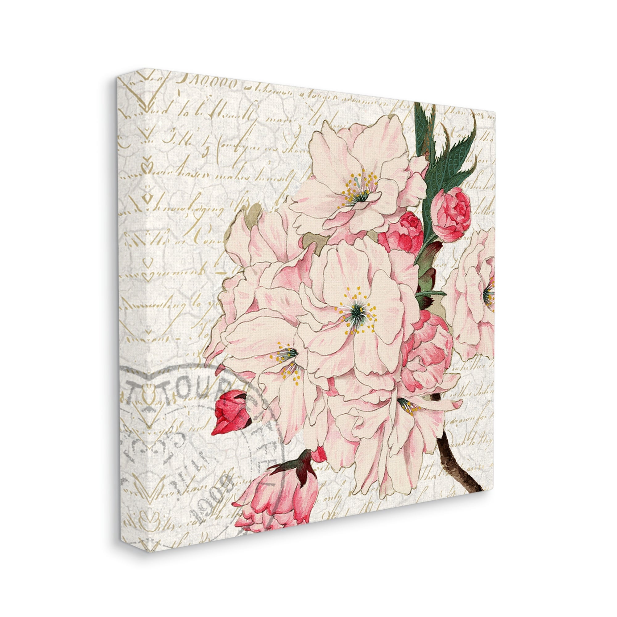 Stupell Industries Vintage Pink Floral Arrangement Ornate Script Stamp Graphic Art Gallery Wrapped Canvas Print Wall Art, Design by Kim Allen