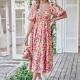 thumbnail image 4 of JGTDBPO Summer Dresses For Women 2023 Fashion Round Neck Short Sleeve Smocked Back Boho Floral Long Maxi Dress Swing Beach Dress Ankle Length Sun Beach Dresses, 4 of 6