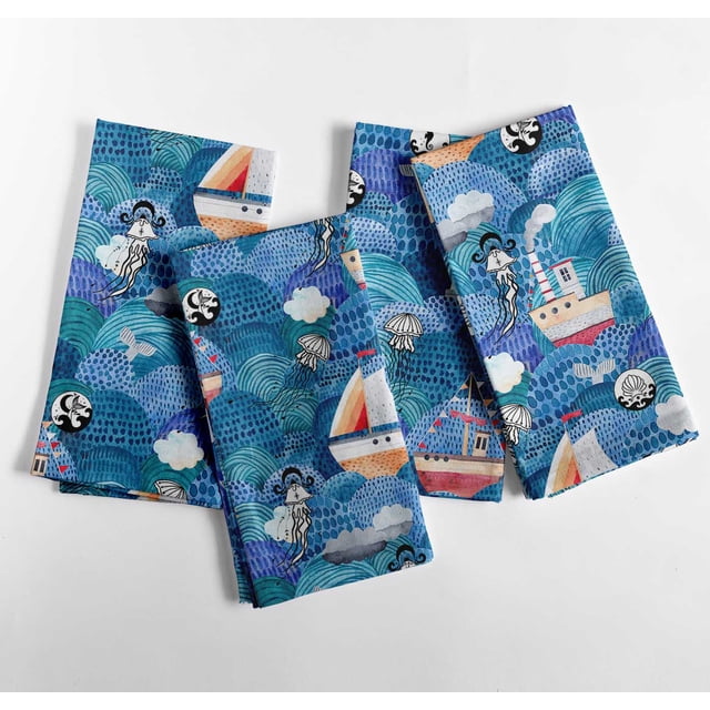 Vargottam Designer Cotton Canvas Napkins - Set of 12, 20-Inch, Blue Ocean Print, Durable & Absorbent Cloth Napkins for Dining, Parties, and Home Decor - Machine Washable