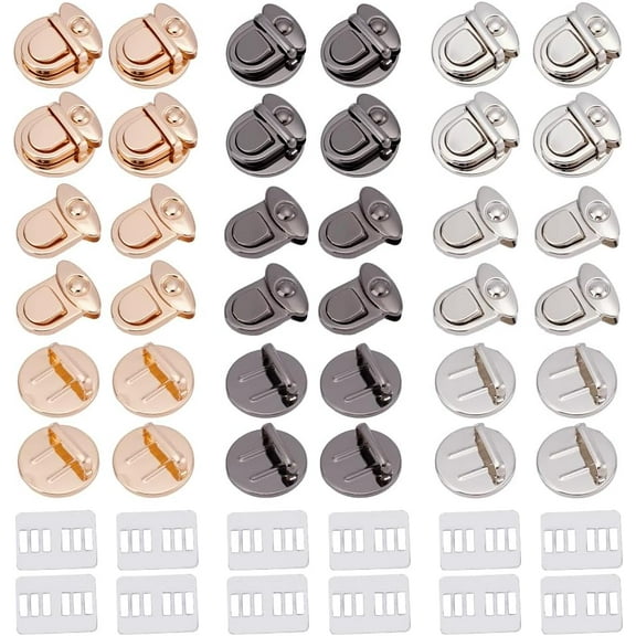 12 Sets 3 Colors Tuck Lock Clasp Catch Iron Purse Thumb Locks Metal Press Lock Fasteners for Leather Bag Case Clasp Hangbag Purse 1.3x1.2x0.7 Inch