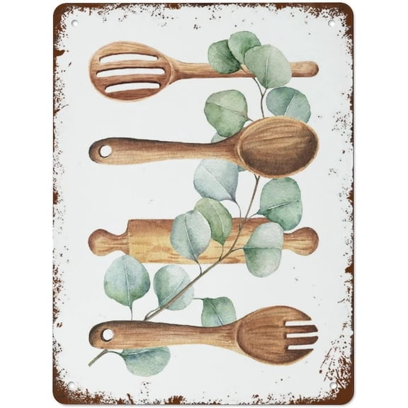Metal Tin Sign Vintage Signs Wood Utensils & Eucalyptus Kitchen Wall Decor Vintage Wall Decor Retro Art Tin Sign Funny Decorations For Home Bar Pub Cafe Farm Room Metal Poster 8X12 Inch