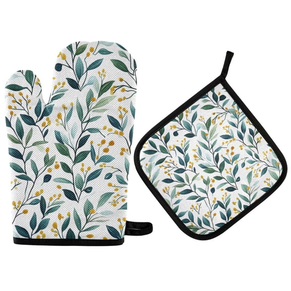 Yayeee Oven Mitts and Pot Holder Set of 2 Heat Resistant Kitchen Gloves Baking Hot Pad, Darker Leafy Pattern