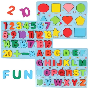 Wooden Montessori Toddler Puzzles for 1-3 Years Old, 3 Pcs (Alphabet, Number, Shape) Kids Preschool Educational Puzzle Set