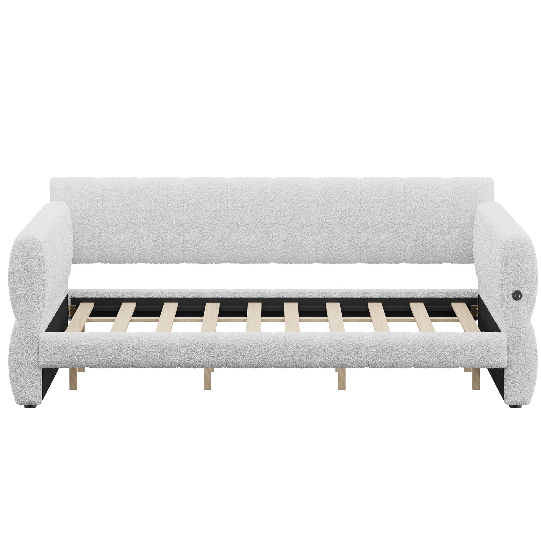 Noble House King Size Lambswool Upholstered Platform Bed, Pine Wood Bed Frame with USB Charging Port, White