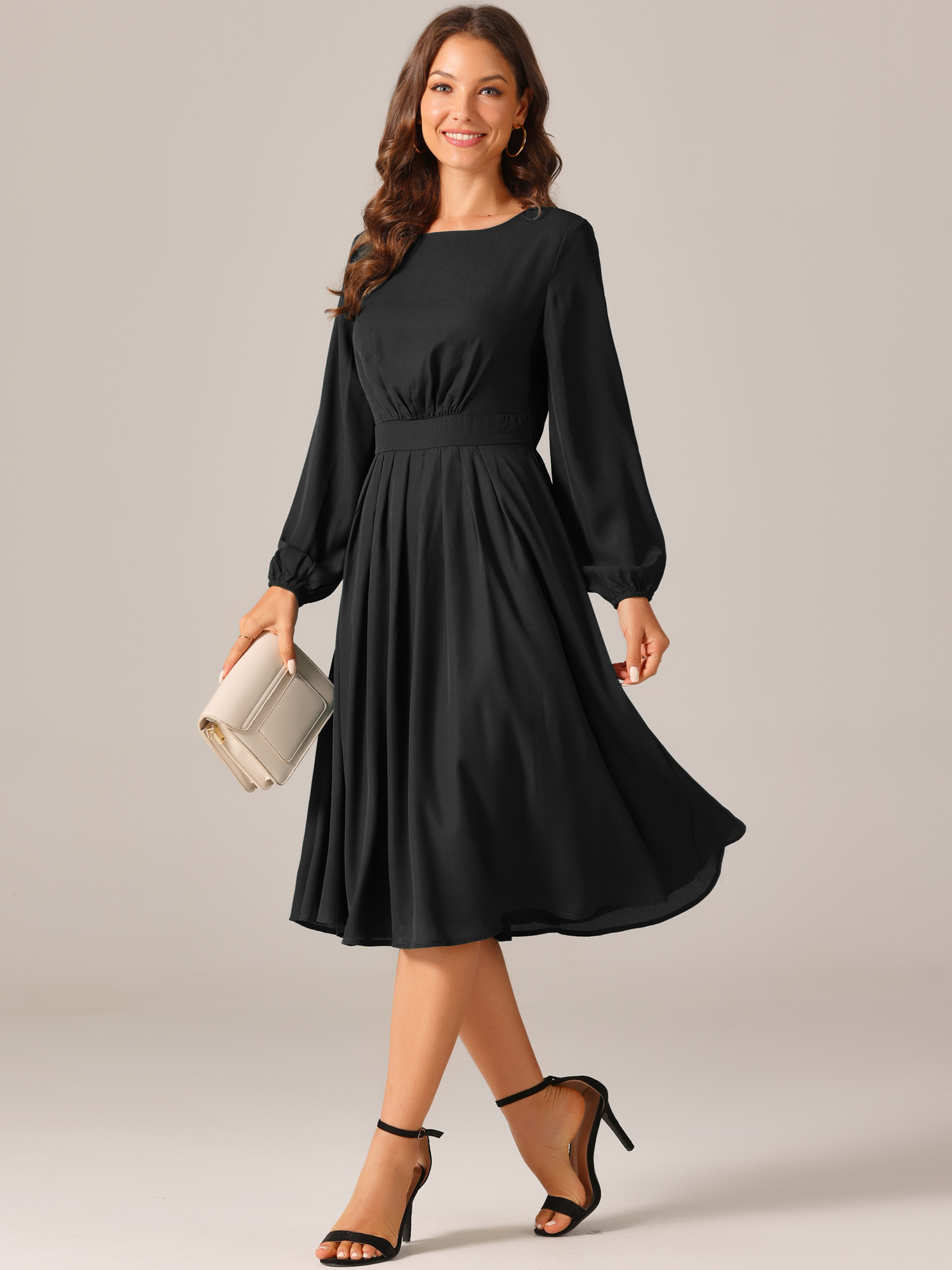 DARING DIVA High Waist Pleated Flowy Midi Long Sleeve Dress S Black