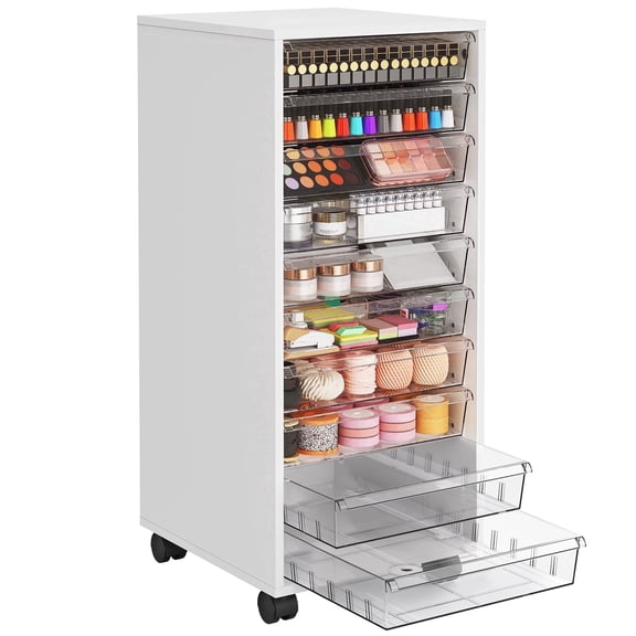Wood Storage Drawer Cart, Makeup Organizer and Storage with 10 Large Clear Drawers, White