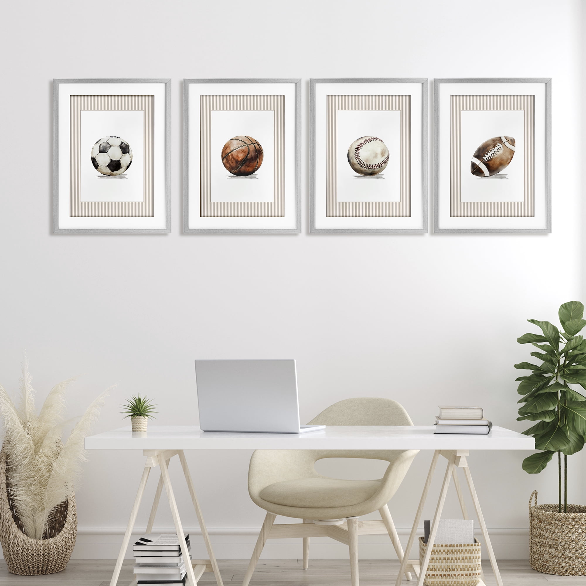 Stupell Industries Vintage Sports Beige Stripes 4 Piece Gray Framed Print Under Glass Set, design by Christine Simpson Art