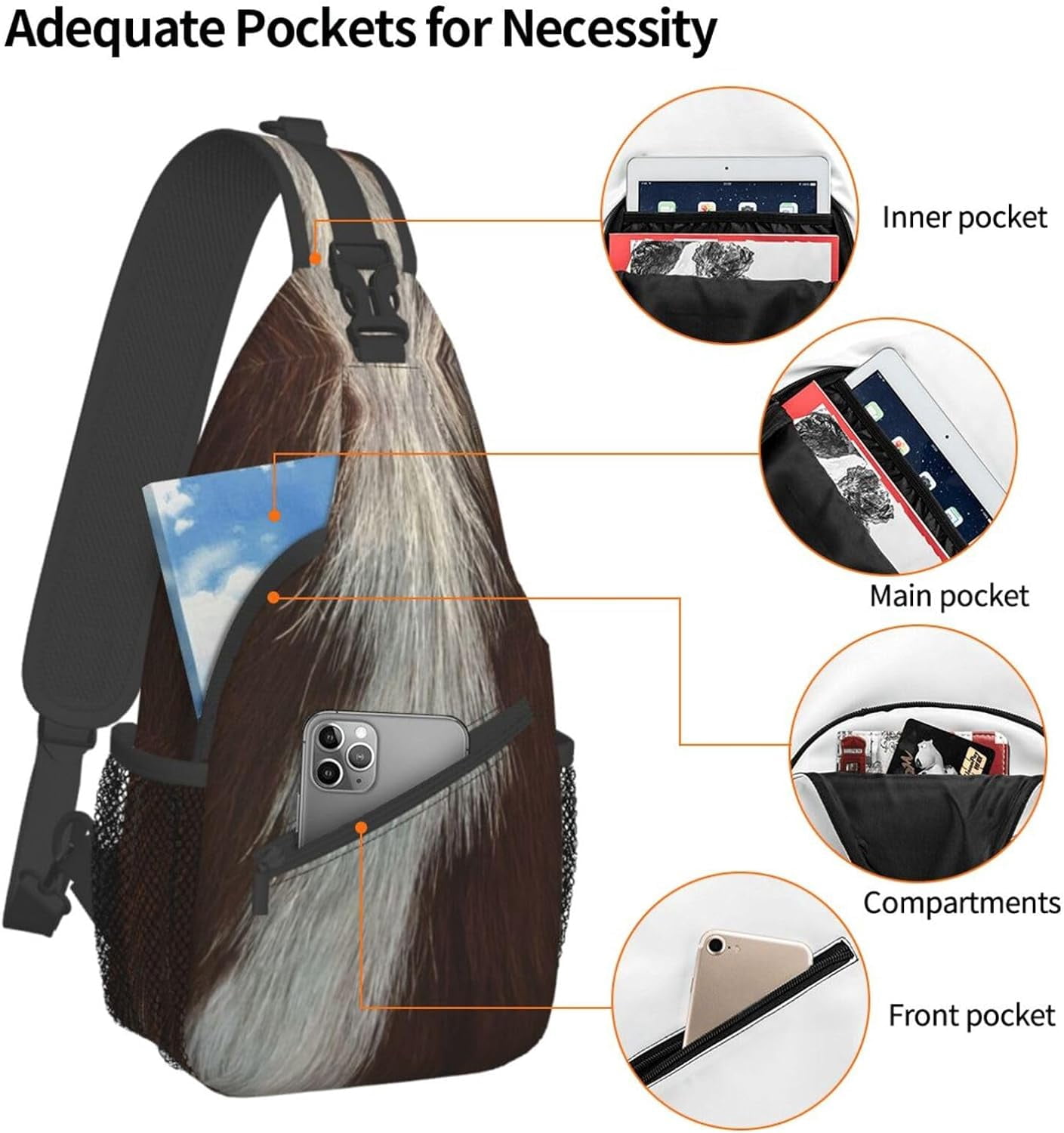 Cowhide Brown Pattern Sling Bag Crossbody Hiking Travel Chest Bags Backpack Shoulder Daypack for Women Men