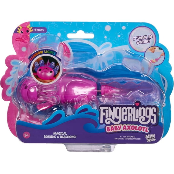 Fingerlings Interactive Baby Axolotl, Ziggy (Magenta), Swims & Lights Up