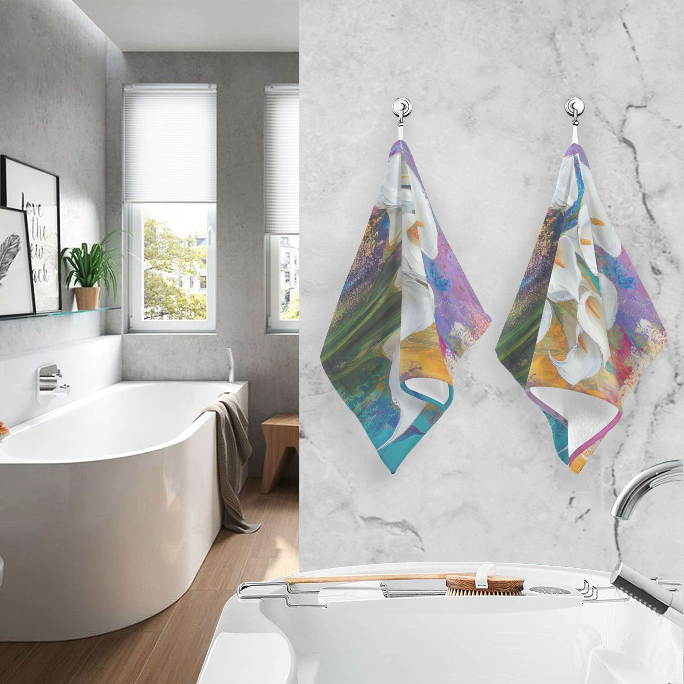 2 Pcs Absorbent Face Towel Bath Hand Towels Soft Breathable Cotton Towel Set for Bathroom Kitchen Hotel Spa Decor White Calla Lilies