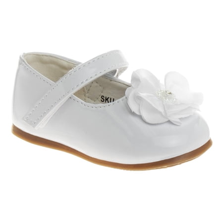 Josmo Infant Girls Hook and Loop Faux Leather Flat Heel Dress Shoes with Flower Ornament White Patent