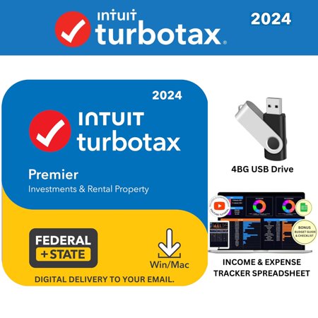 [New Version] TurboTax Premier 2024 Tax Software, Federal & State Tax Return [PC/Mac Download] - BONUS FREE 4GB USB 2.0 Flash Drives + Income and Expense Tracker Spreadsheet