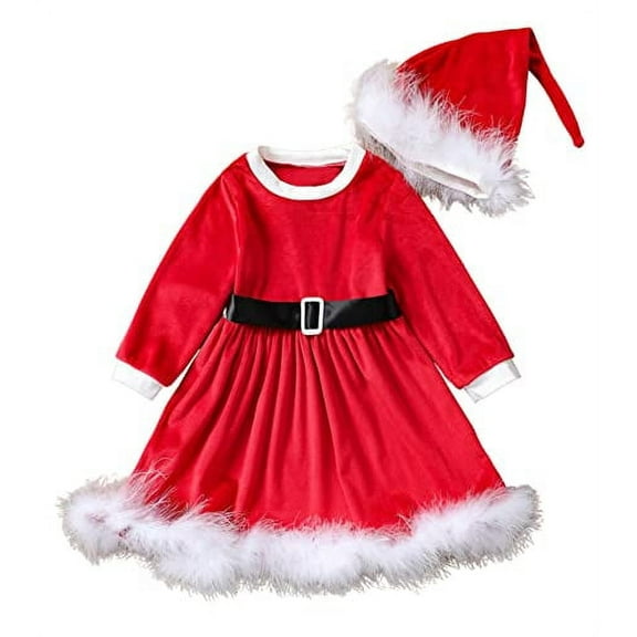 StylesILove Toddler Little Girls Long Sleeve Red Velvet Faux Fur Santa Claus Christmas Dress & Hat 2pcs Holiday Dressy Outfit (3T)