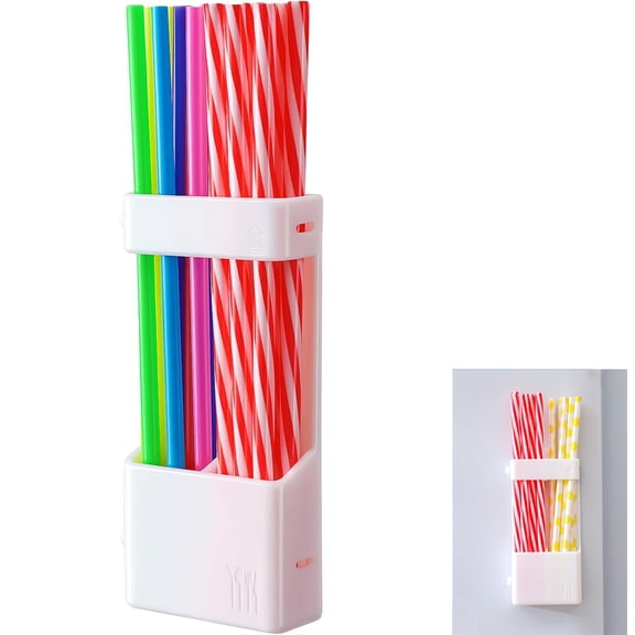 NOGIS Straw Holder, Magnetic Straw Dispenser, Reusable Tumbler Organizer with Adhesive for Kitchen Cabinet, Cupboard, Coffee Bar & Countertop Storage (White)