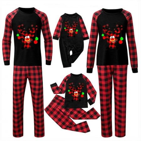 

Matching Family Christmas Pajamas Sets 2022 Xmas Holiday Elk Print Tops and Plaid Pants Pjs Set Soft Jammies Sleepwear